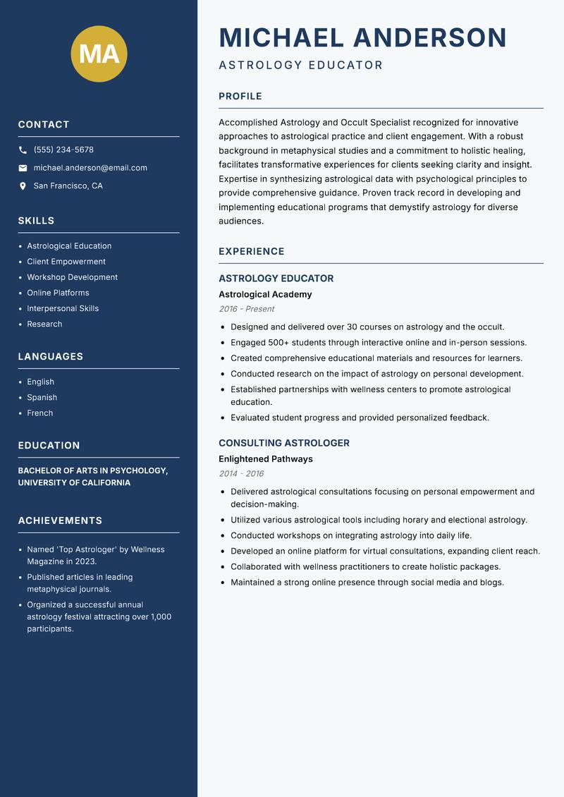 Astrology and Occult Specialist resume sample — Astrology Educator focus