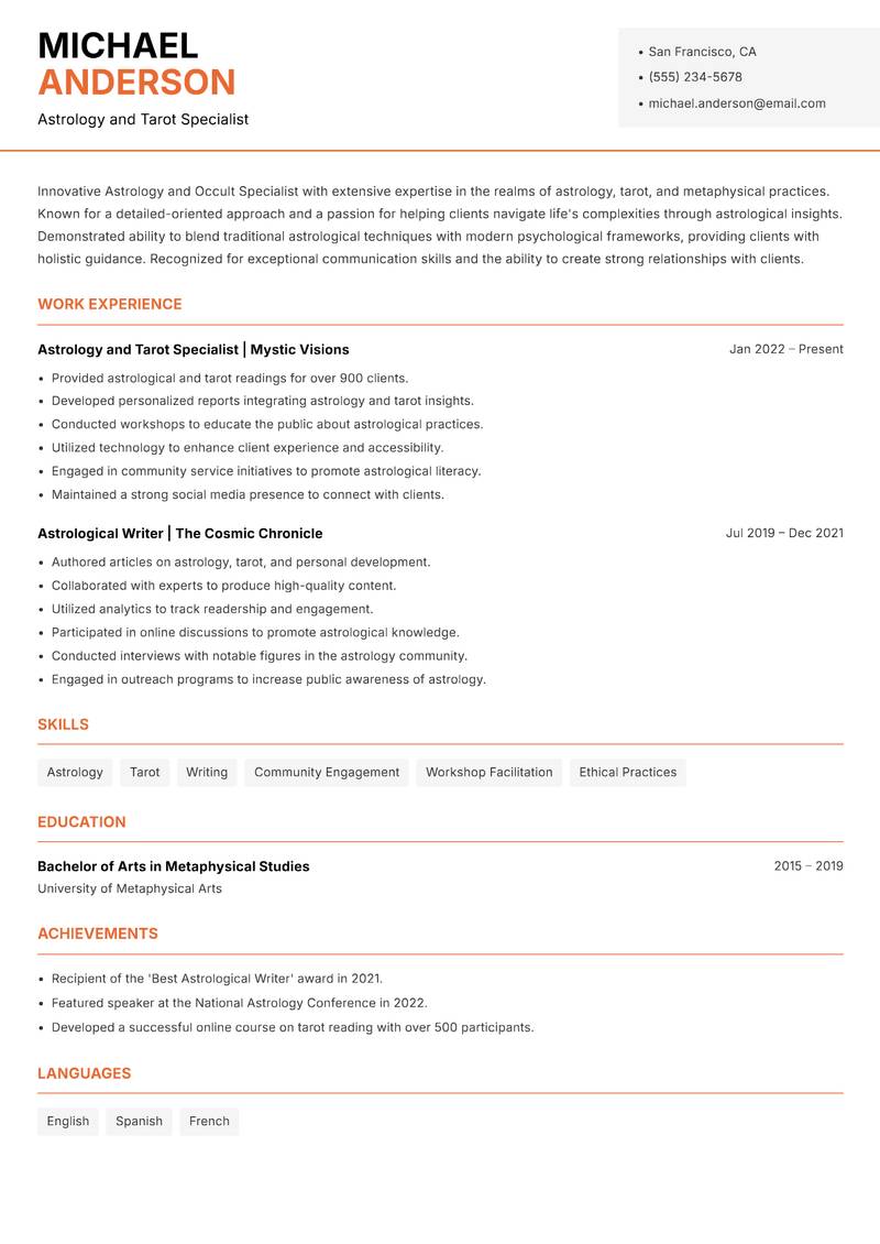Astrology and Occult Specialist resume sample — Astrology and Tarot Specialist focus