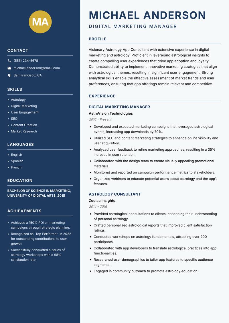 Astrology App Consultant resume sample — Digital Marketing Manager focus