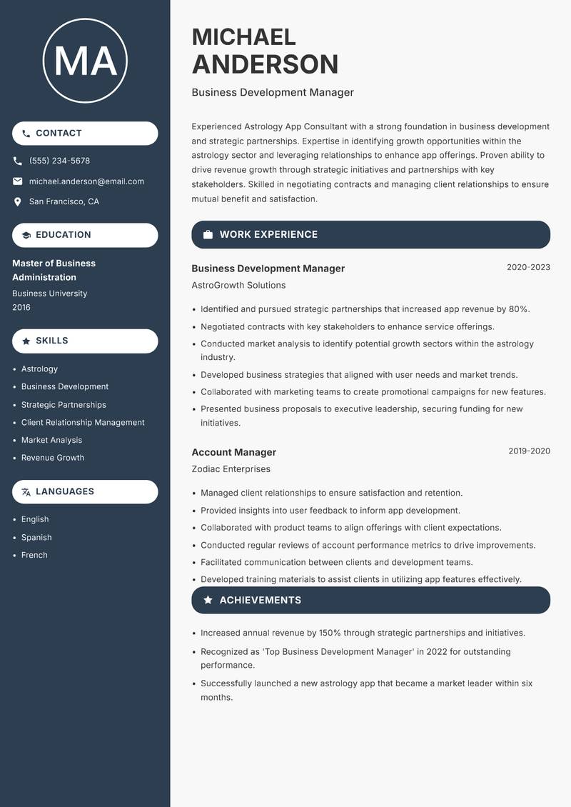 Astrology App Consultant resume sample — Business Development Manager focus