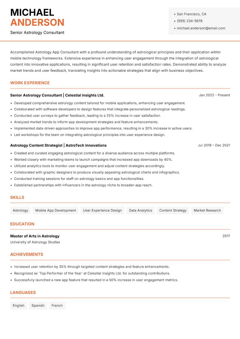 Astrology App Consultant resume sample — Senior Astrology Consultant focus