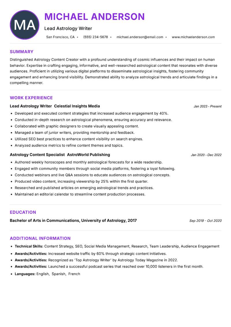 Astrology Content Creator resume example