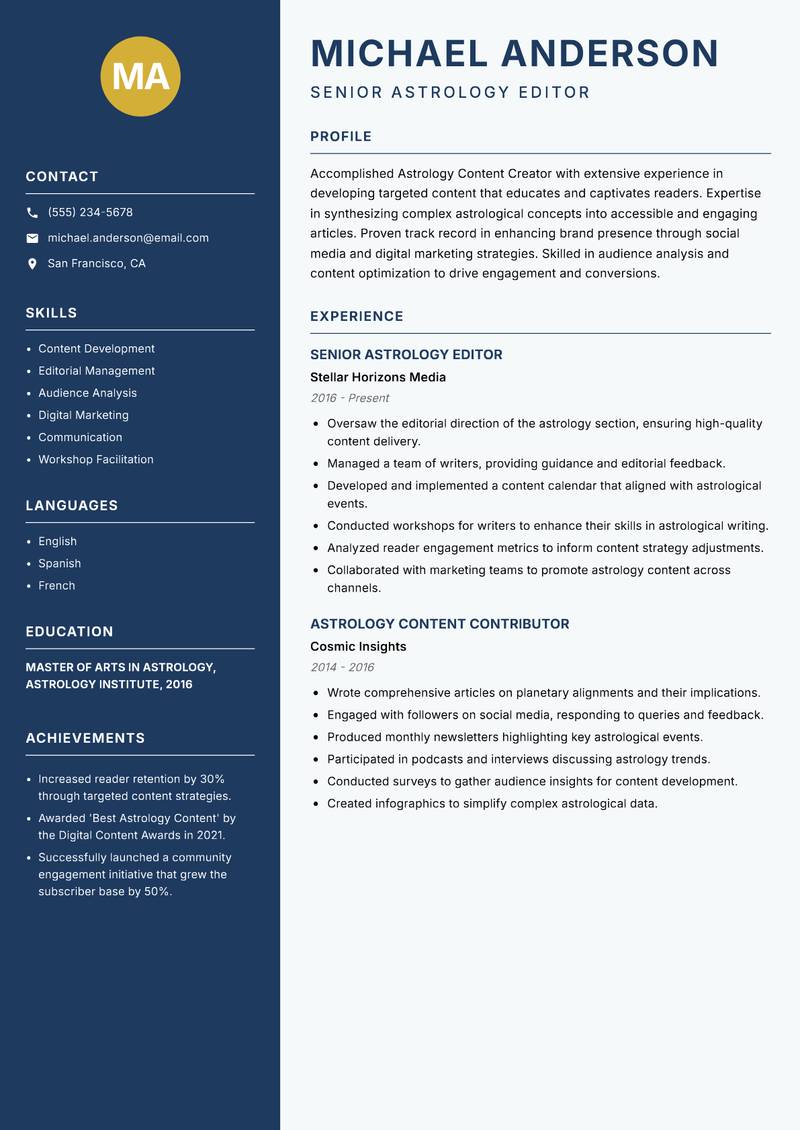 Astrology Content Creator resume sample — Senior Astrology Editor focus