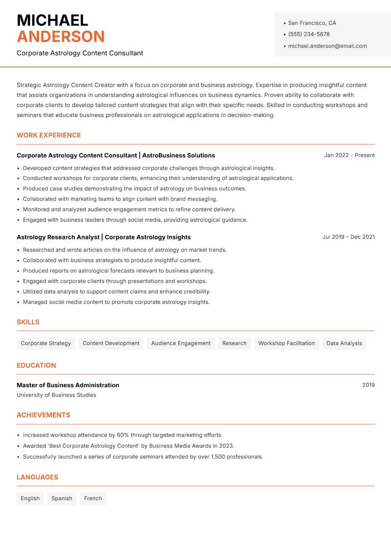 Astrology Content Creator resume sample — Corporate Astrology Content Consultant focus