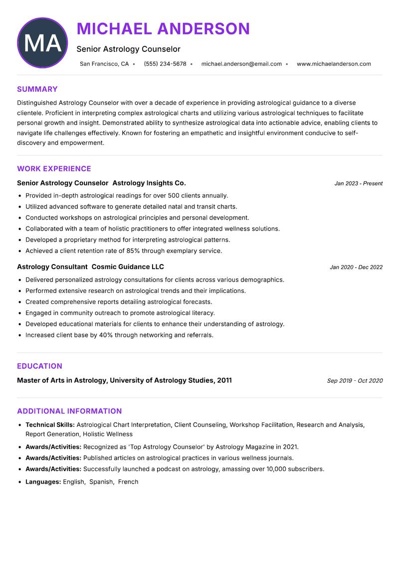 Astrology Counselor resume example
