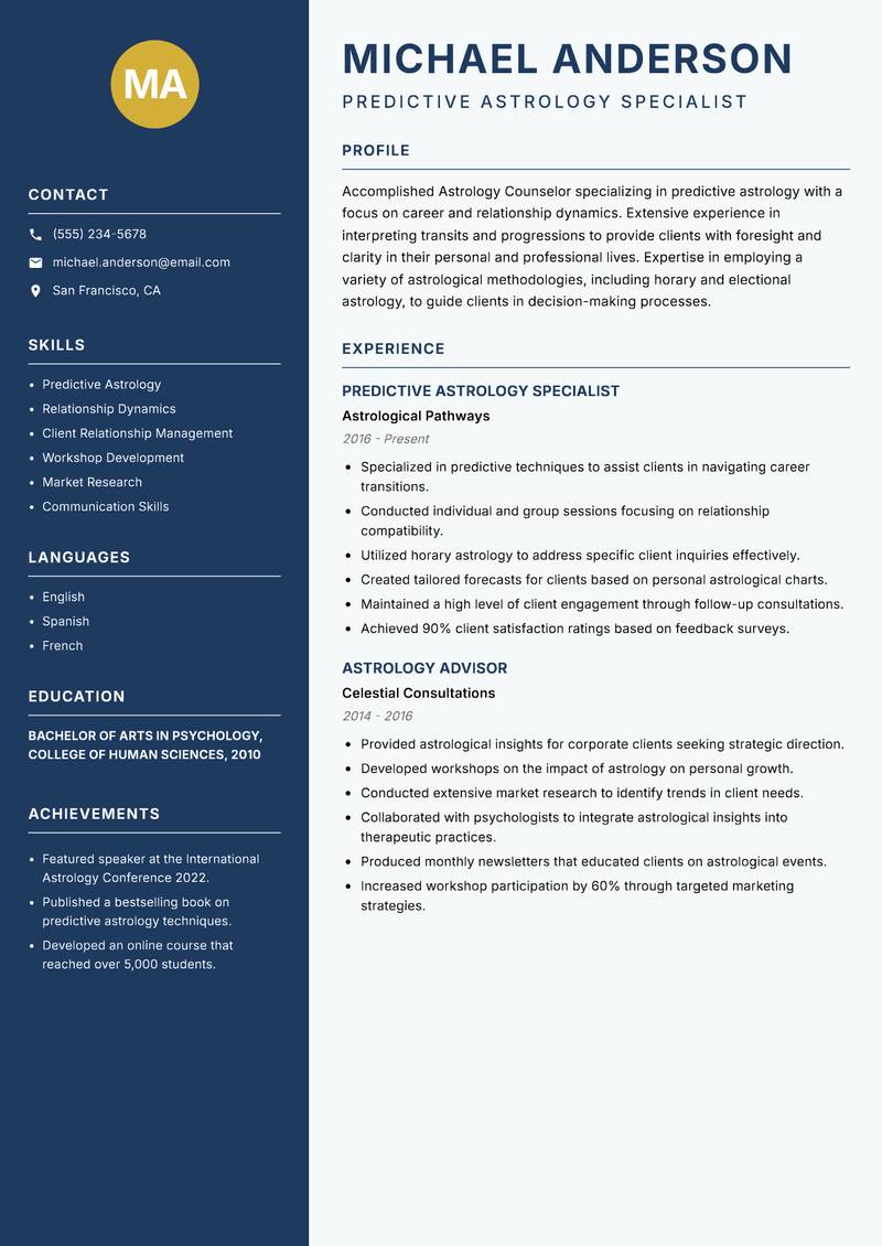 Astrology Counselor resume sample — Predictive Astrology Specialist focus