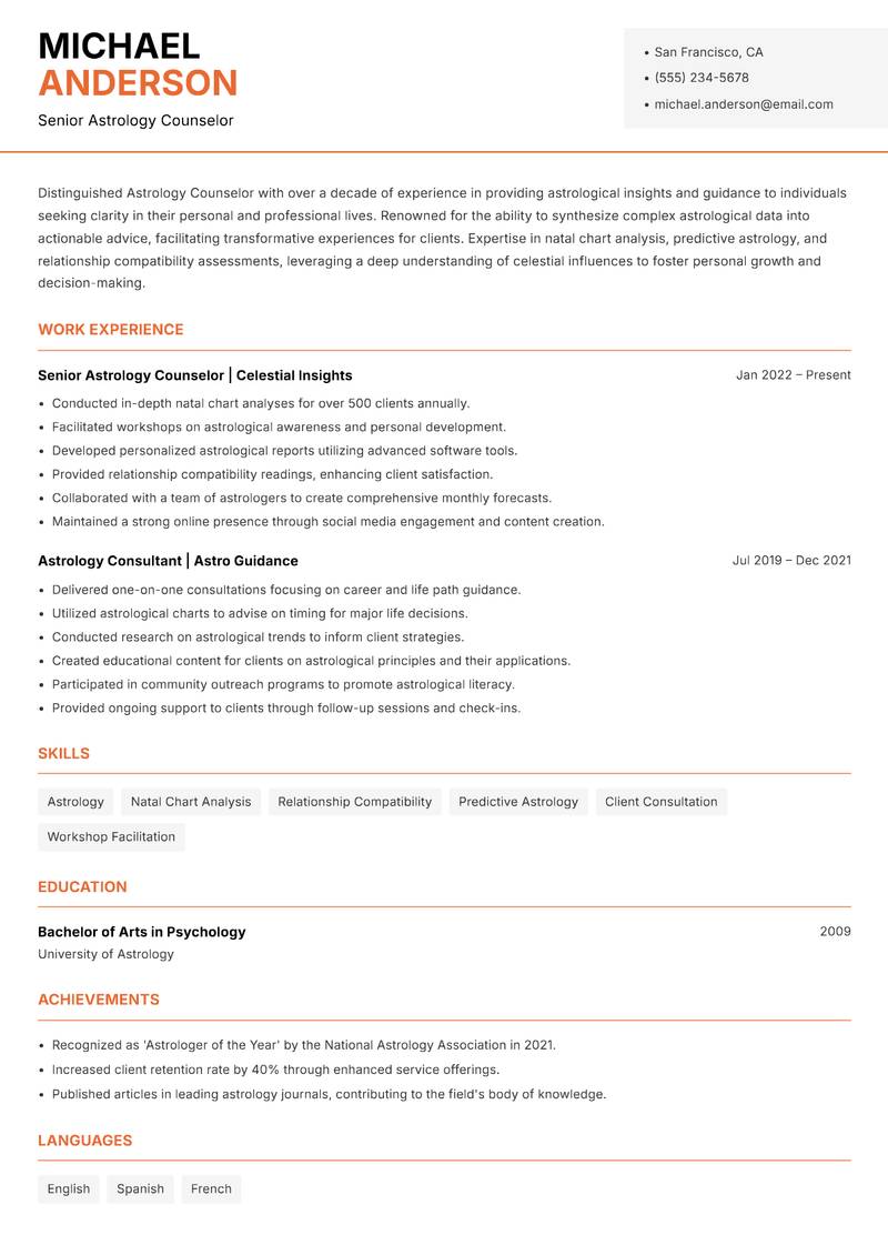 Astrology Counselor resume sample — Senior Astrology Counselor focus