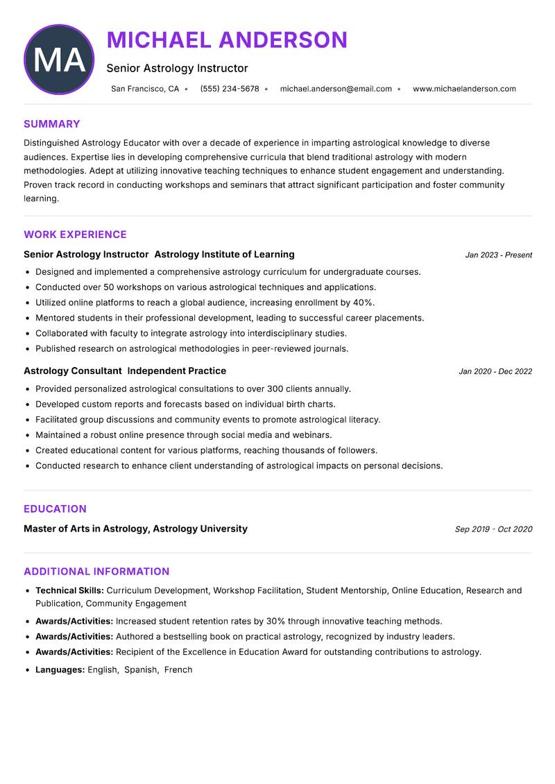 Astrology Educator resume example