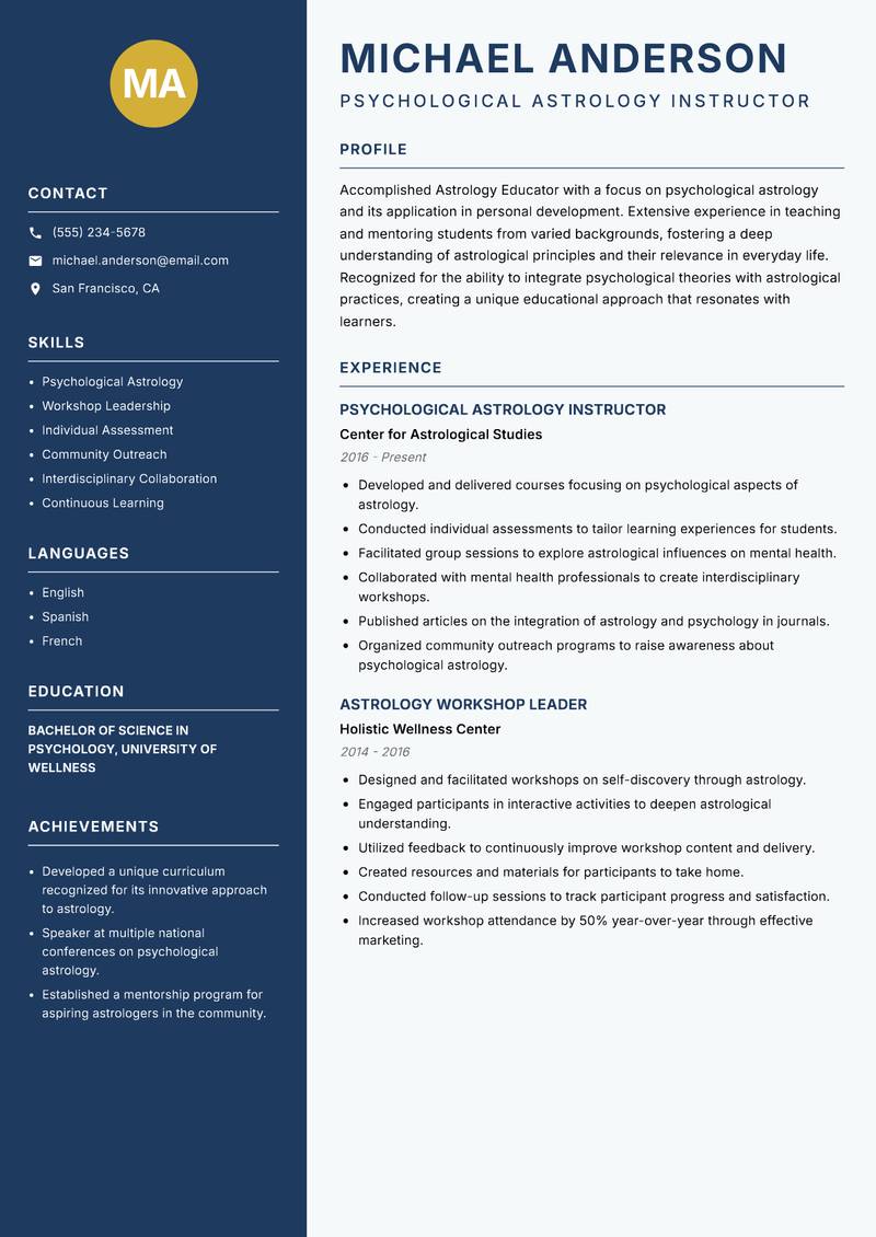 Astrology Educator resume sample — Psychological Astrology Instructor focus