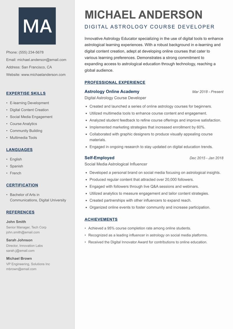 Astrology Educator resume sample — Digital Astrology Course Developer focus