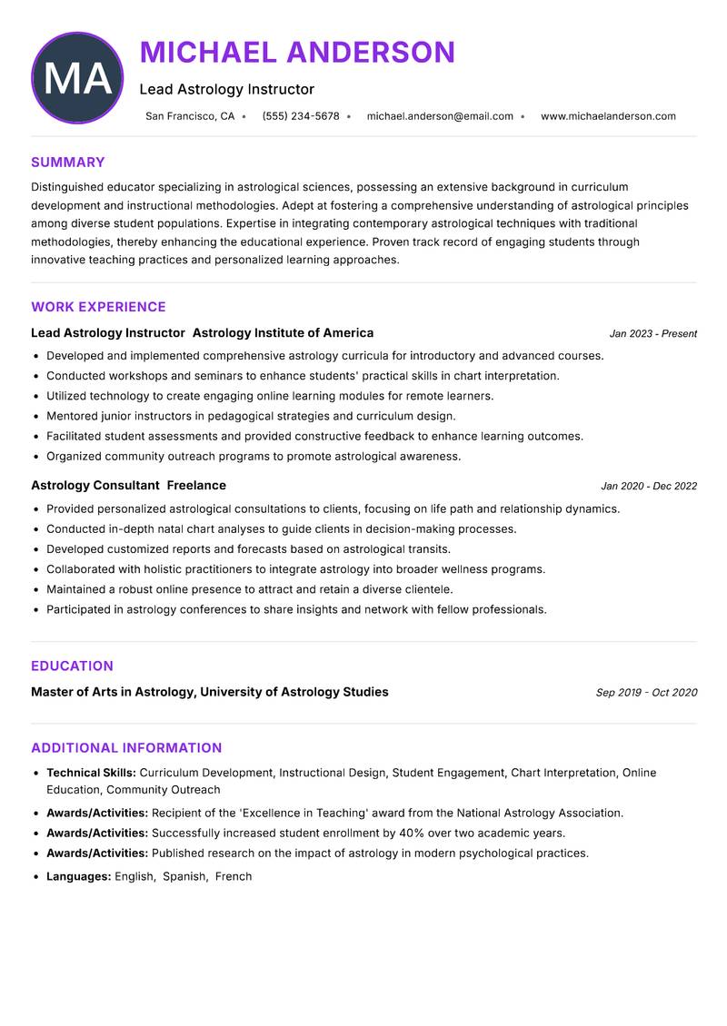 Astrology Instructor resume example