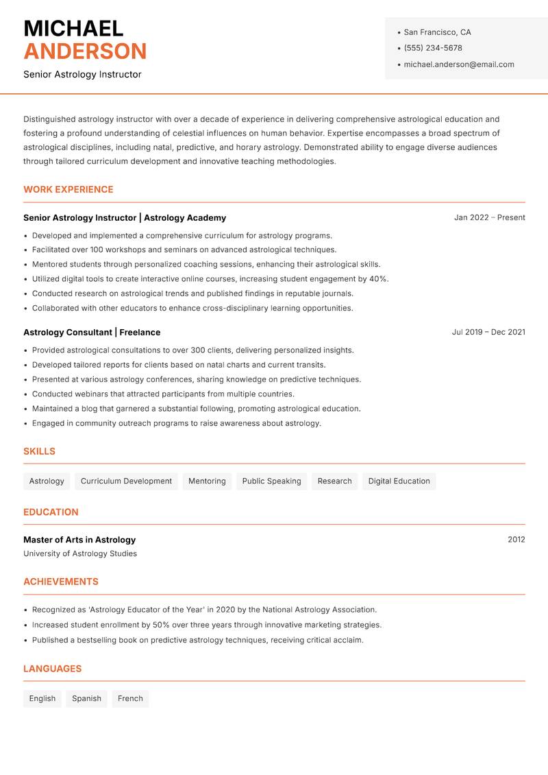 Astrology Instructor resume sample — Senior Astrology Instructor focus