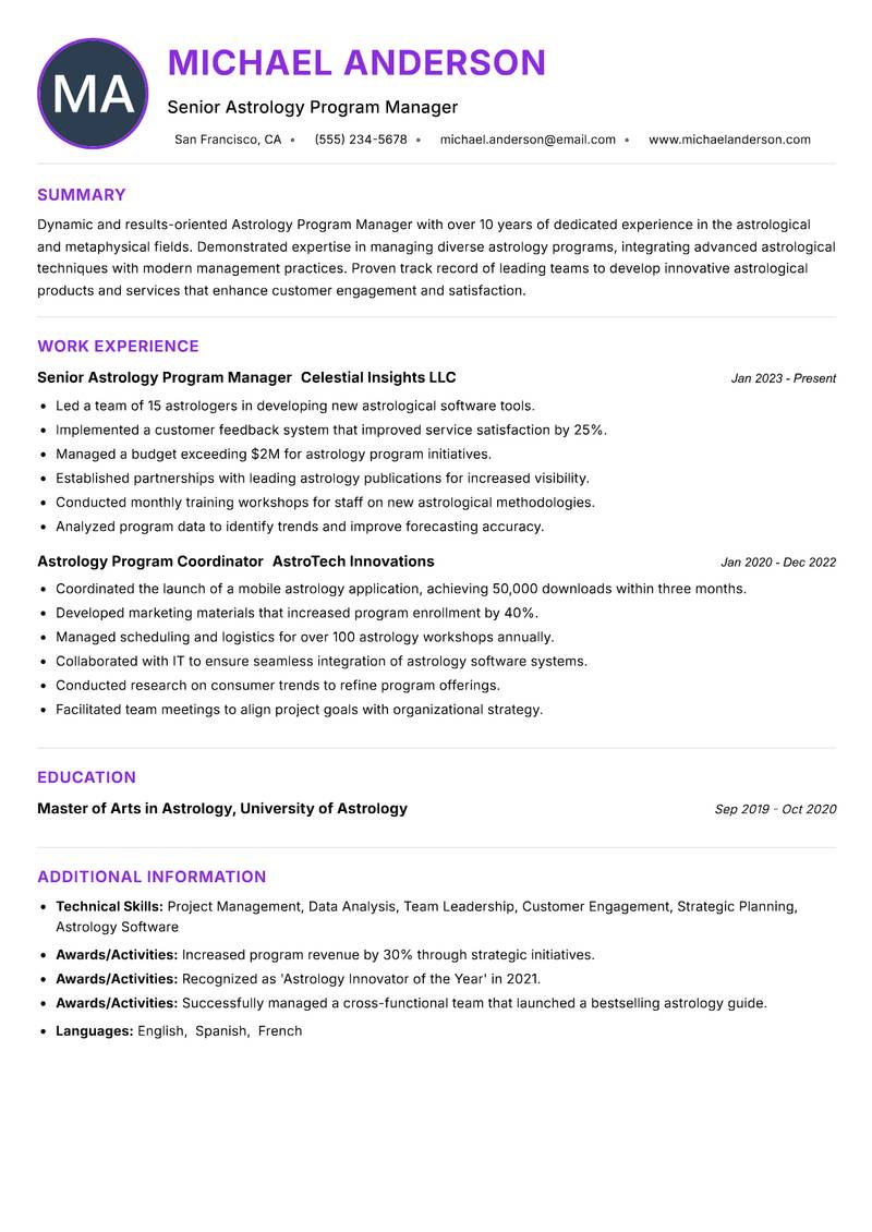 Astrology Program Manager resume example