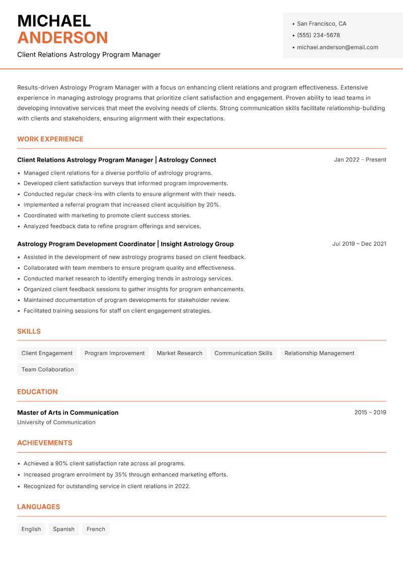 Astrology Program Manager resume sample — Client Relations Astrology Program Manager focus
