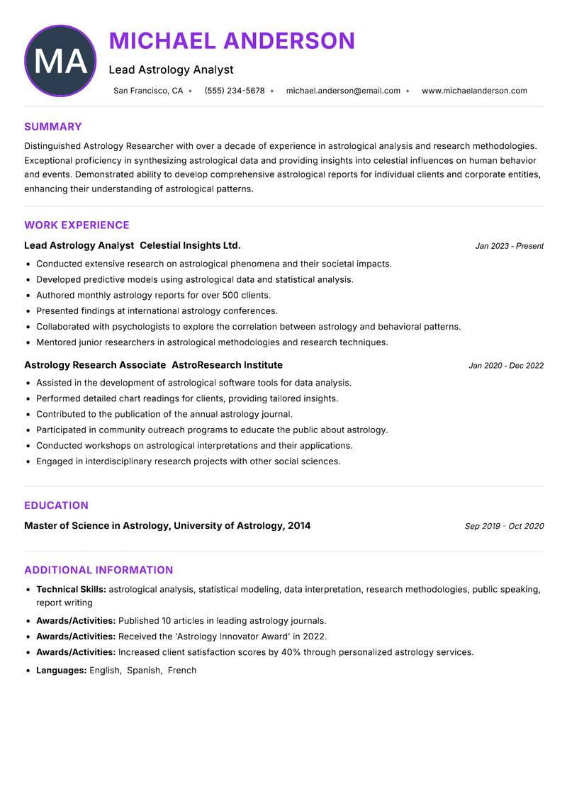 Astrology Researcher resume example