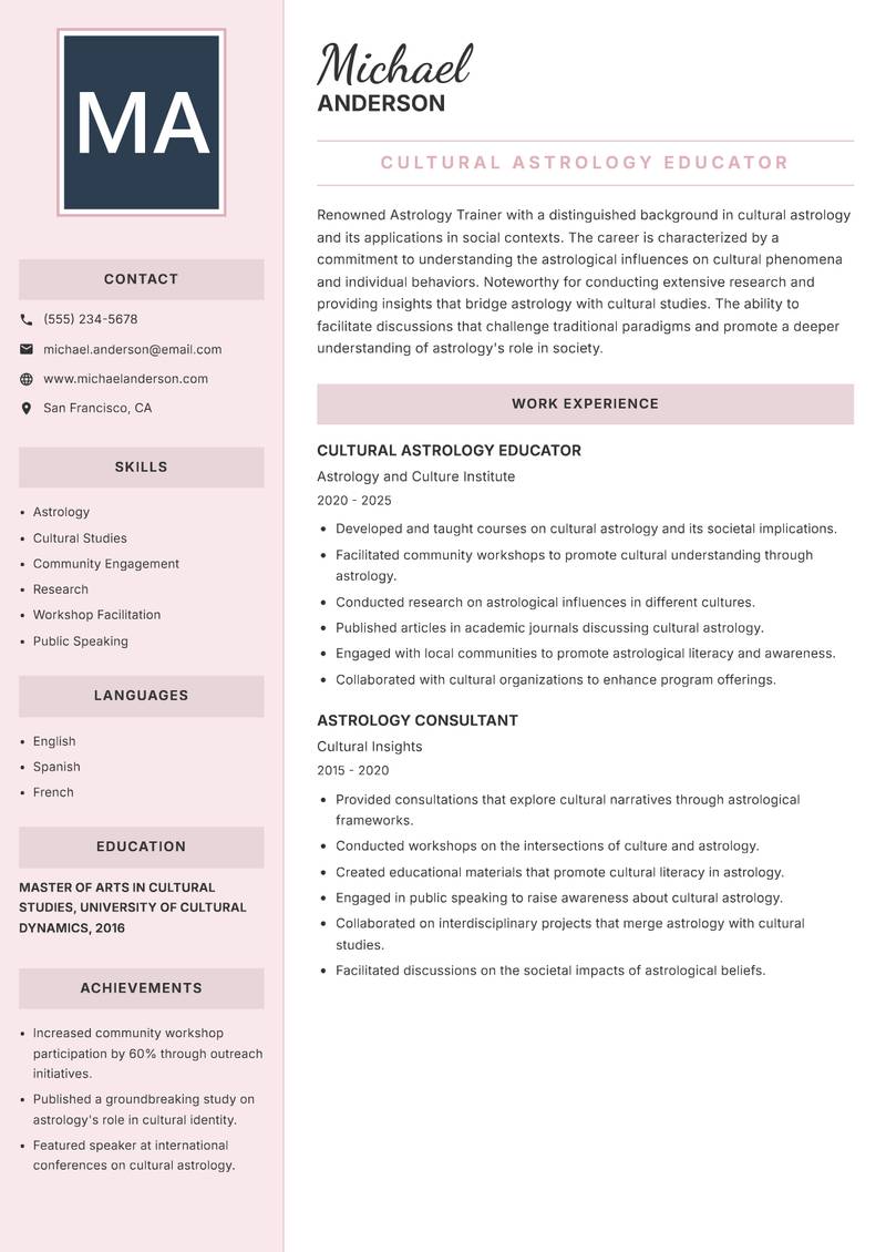 Astrology Trainer resume sample — Cultural Astrology Educator focus