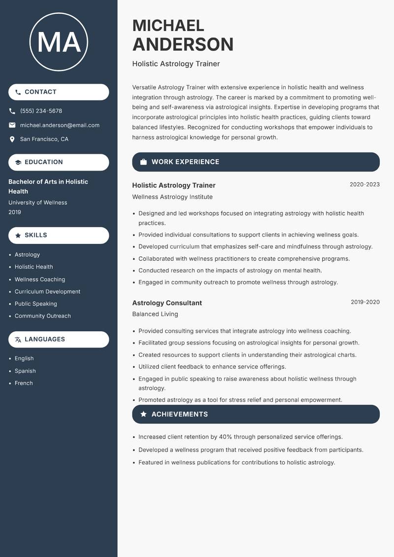 Astrology Trainer resume sample — Holistic Astrology Trainer focus