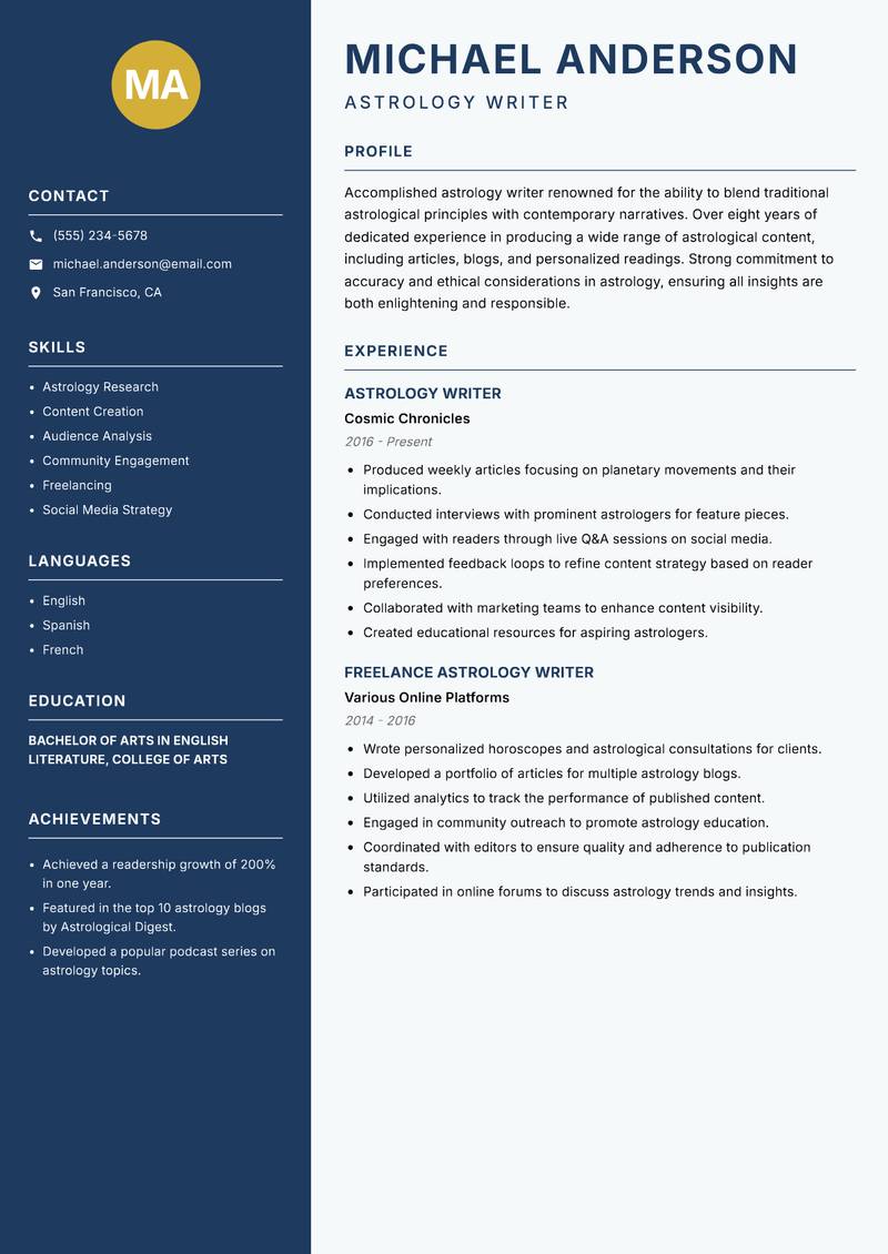 Astrology Writer resume sample — Astrology Writer focus
