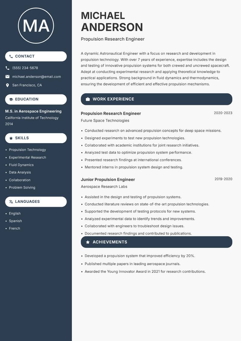 Astronautical Engineer resume sample — Propulsion Research Engineer focus