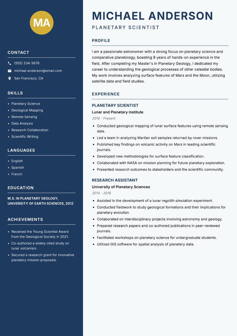 Astronomer resume sample — Planetary Scientist focus