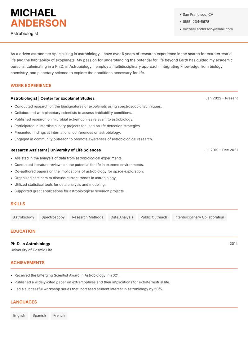 Astronomer resume sample — Astrobiologist focus