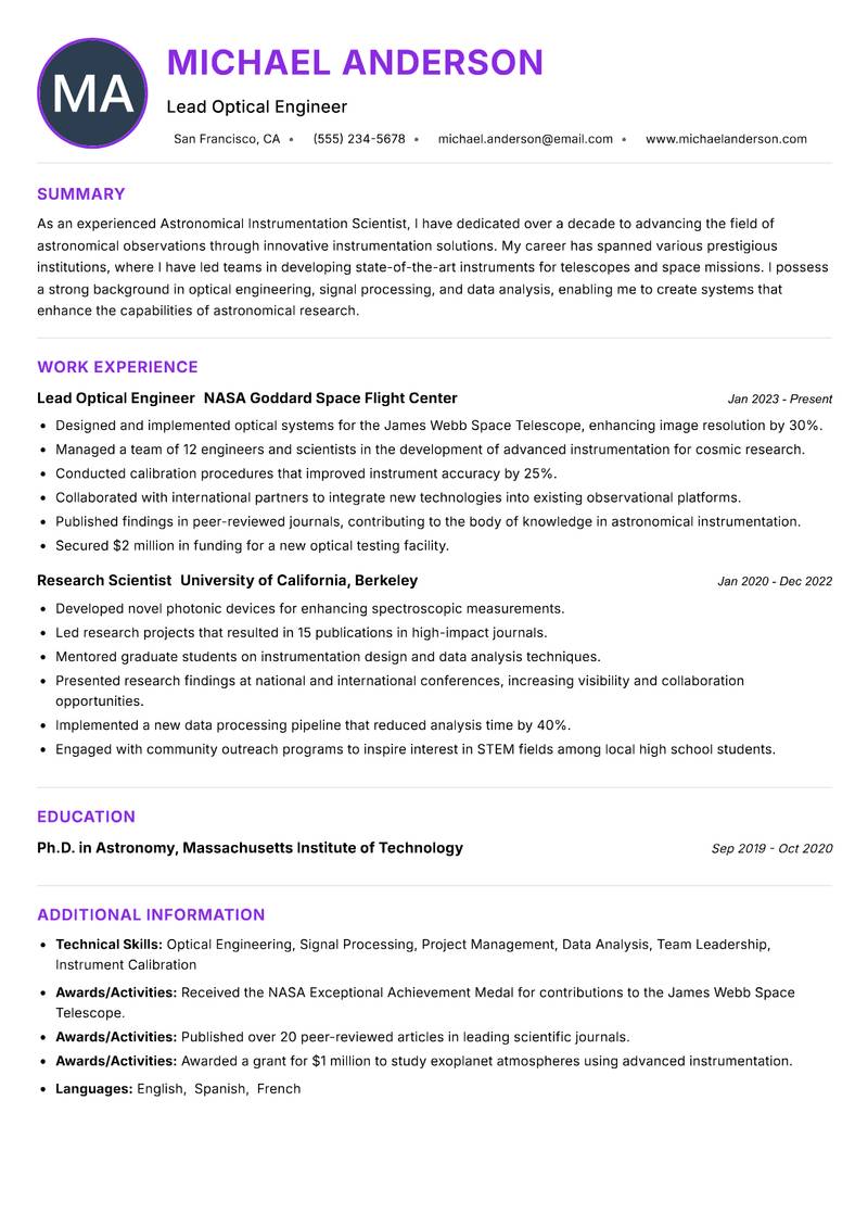 Astronomical Instrumentation Scientist resume example