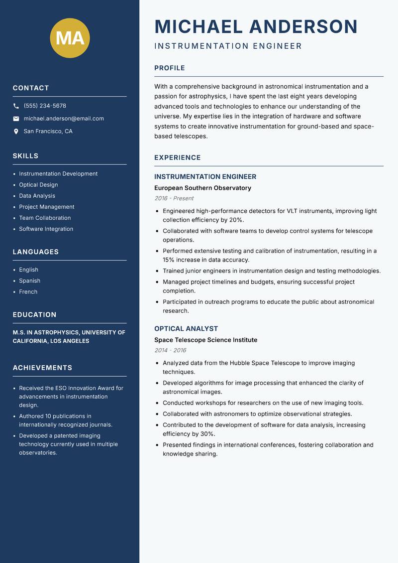 Astronomical Instrumentation Scientist resume sample — Instrumentation Engineer focus