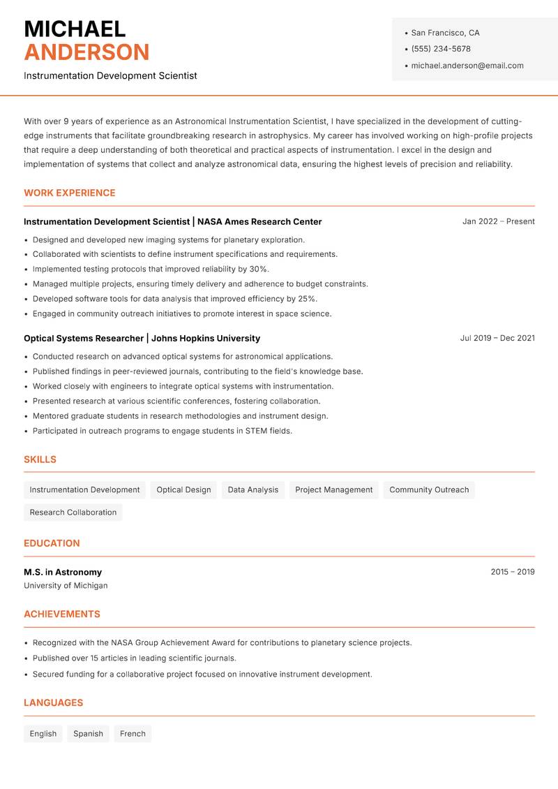 Astronomical Instrumentation Scientist resume sample — Instrumentation Development Scientist focus