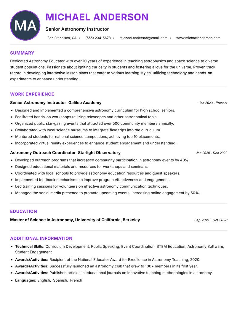Astronomy Educator resume example