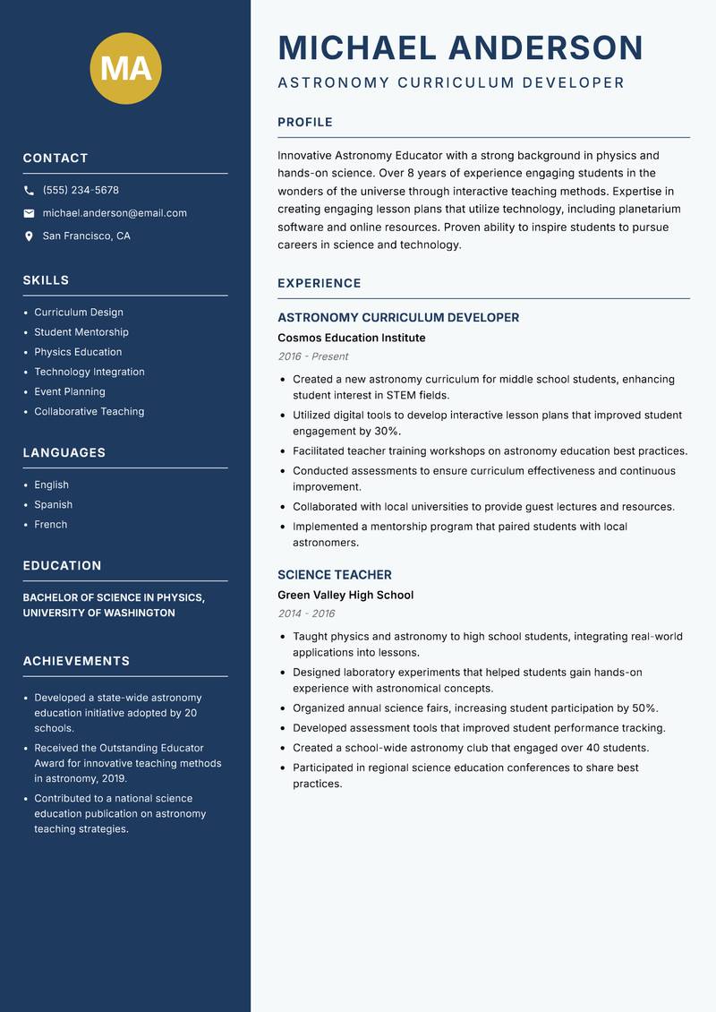 Astronomy Educator resume sample — Astronomy Curriculum Developer focus