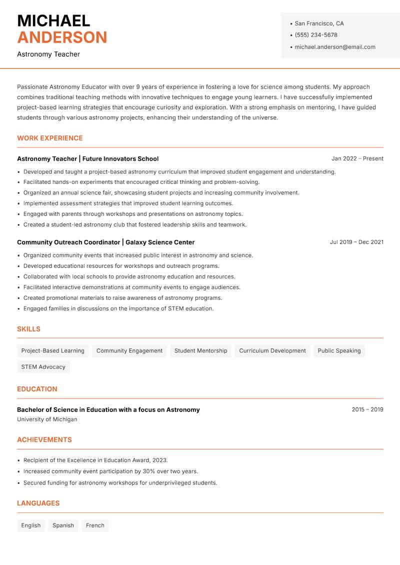Astronomy Educator resume sample — Astronomy Teacher focus