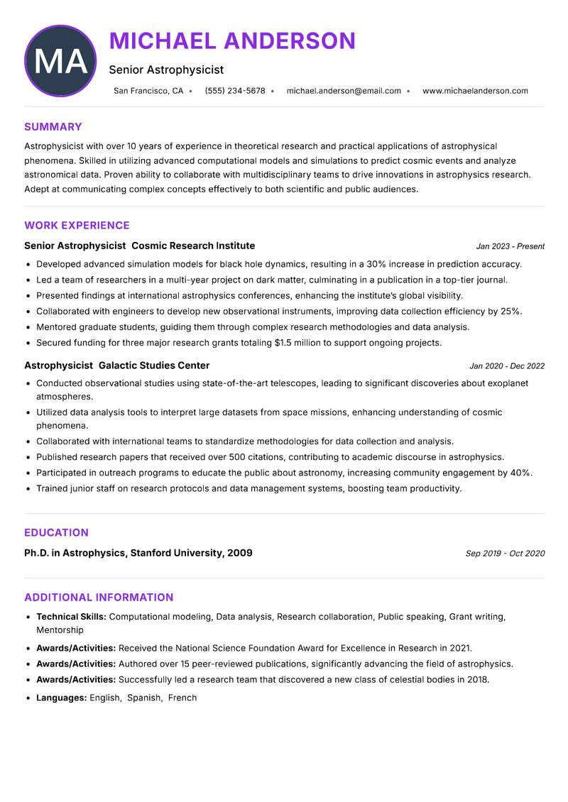 Astrophysicist resume example