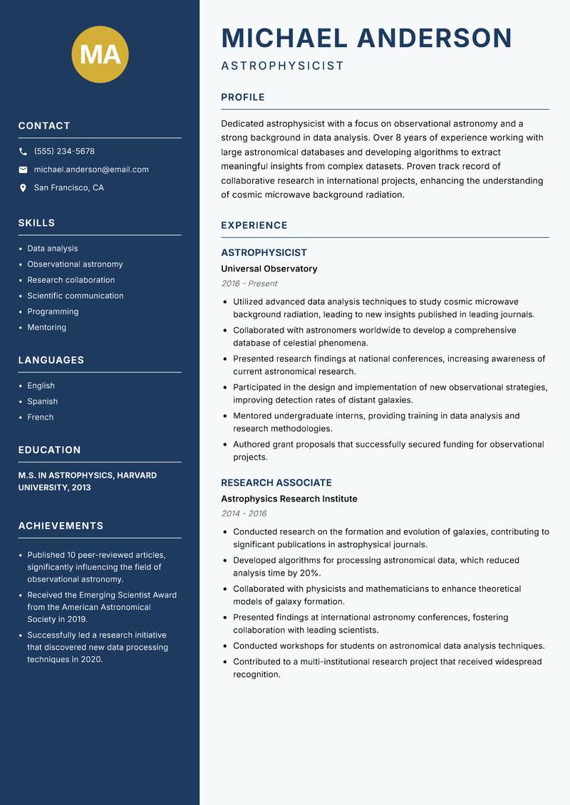 Astrophysicist resume sample — Astrophysicist focus