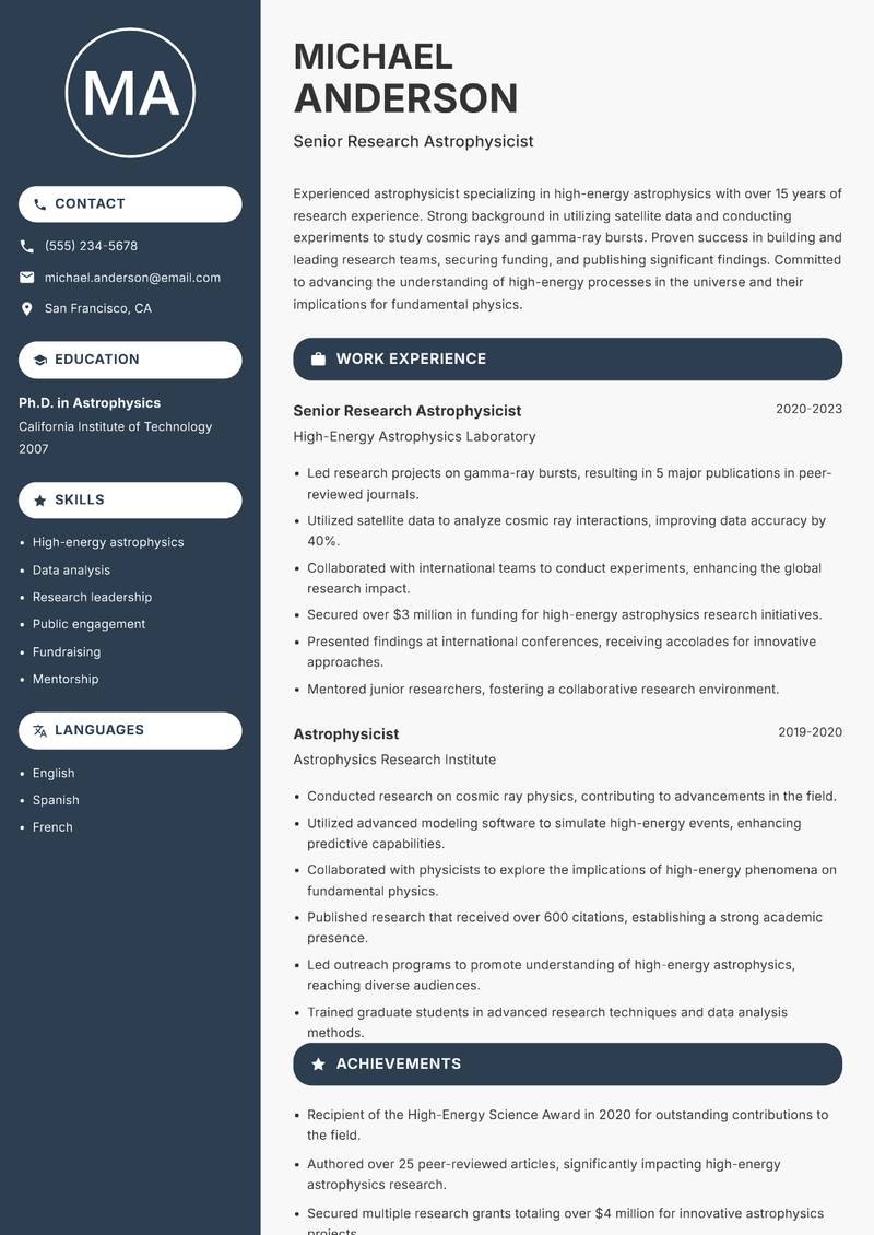 Astrophysicist resume sample — Senior Research Astrophysicist focus
