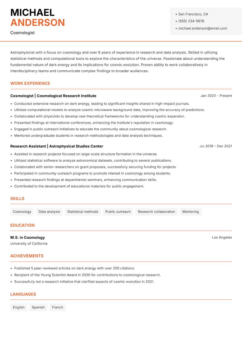 Astrophysicist resume sample — Cosmologist focus