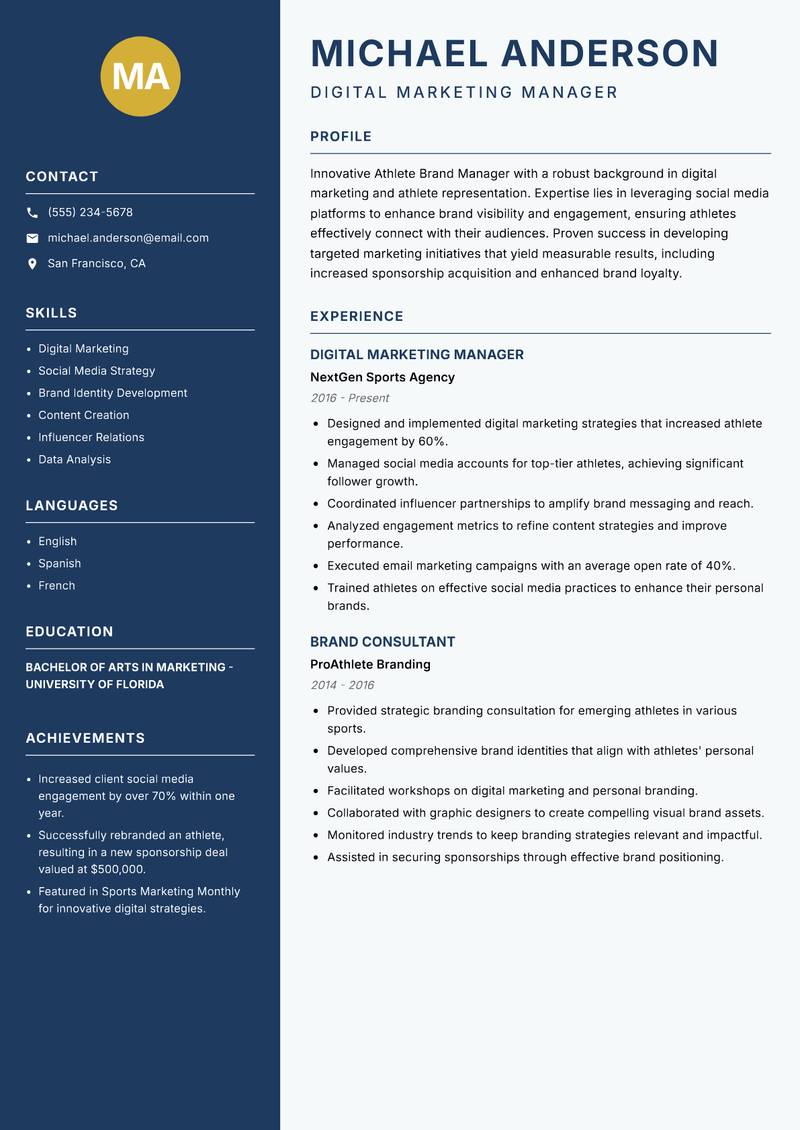 Athlete Brand Manager resume sample — Digital Marketing Manager focus