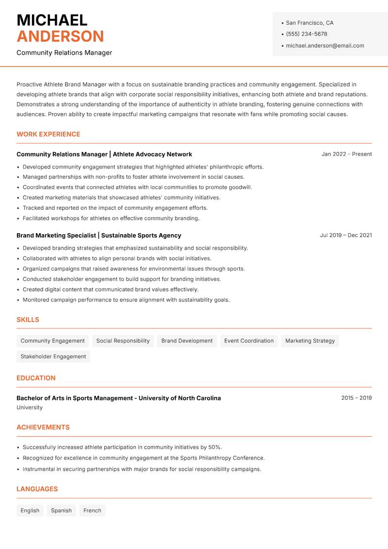 Athlete Brand Manager resume sample — Community Relations Manager focus
