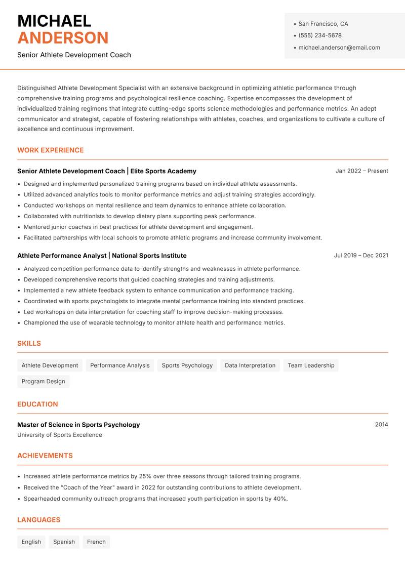 Athlete Development Specialist resume sample — Senior Athlete Development Coach focus