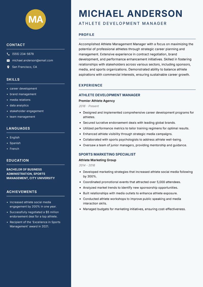 Athlete Management Manager resume sample — Athlete Development Manager focus