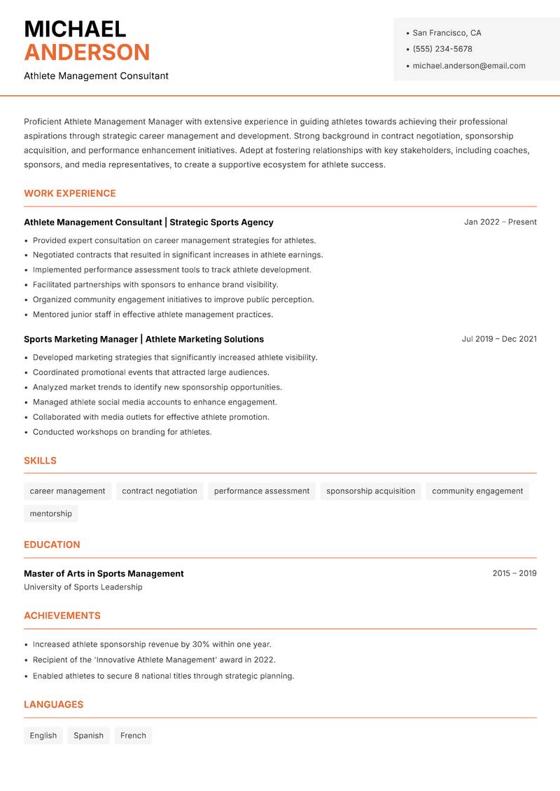 Athlete Management Manager resume sample — Athlete Management Consultant focus