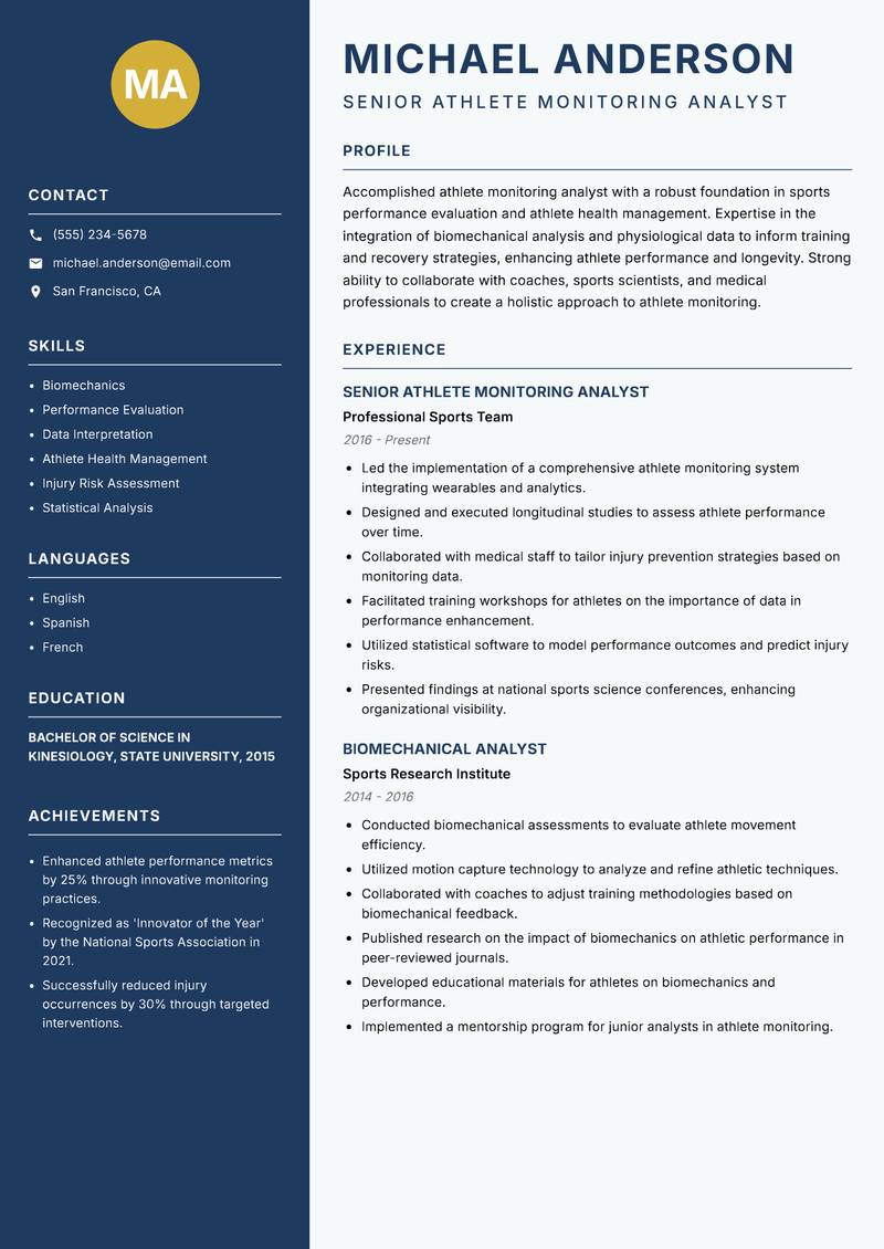 Athlete Monitoring Analyst resume sample — Senior Athlete Monitoring Analyst focus
