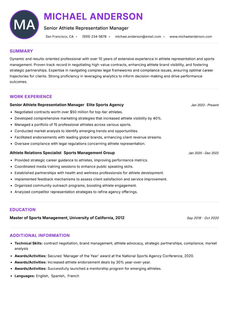 Athlete Representation Manager resume example