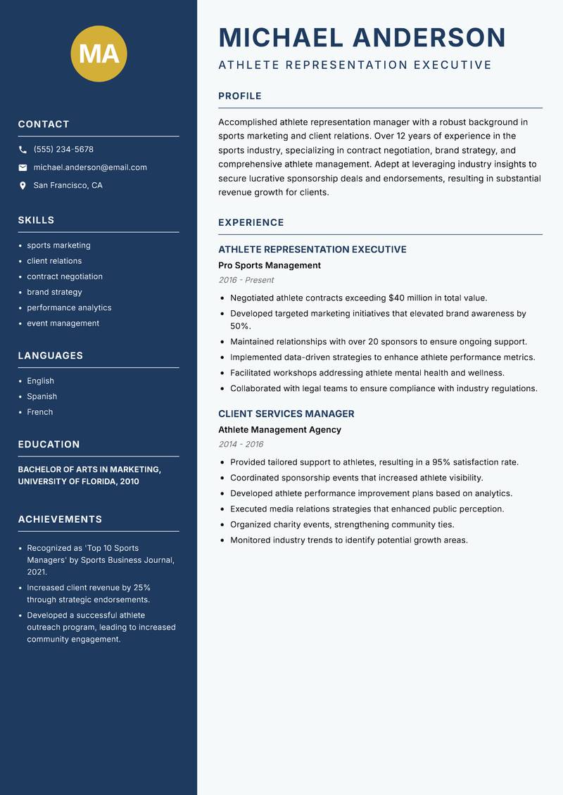 Athlete Representation Manager resume sample — Athlete Representation Executive focus