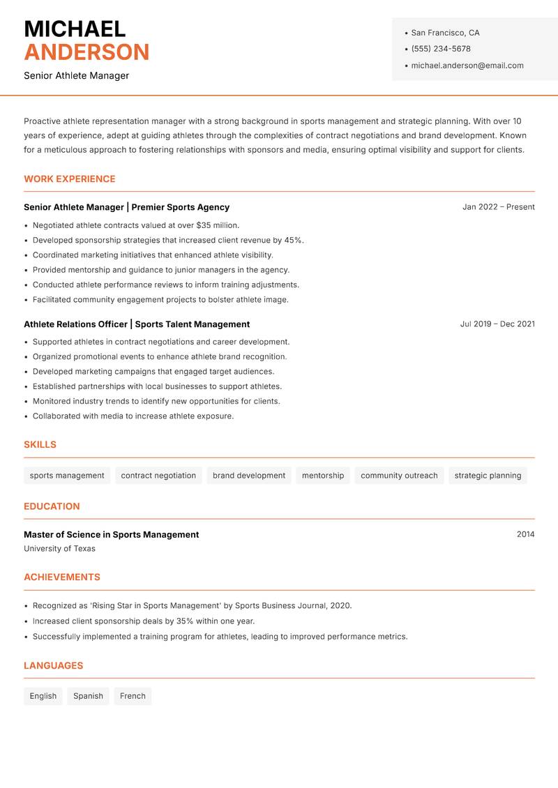 Athlete Representation Manager resume sample — Senior Athlete Manager focus