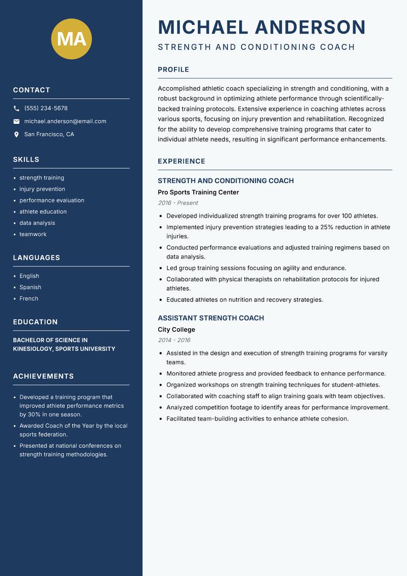 Athletic Coach resume sample — Strength and Conditioning Coach focus