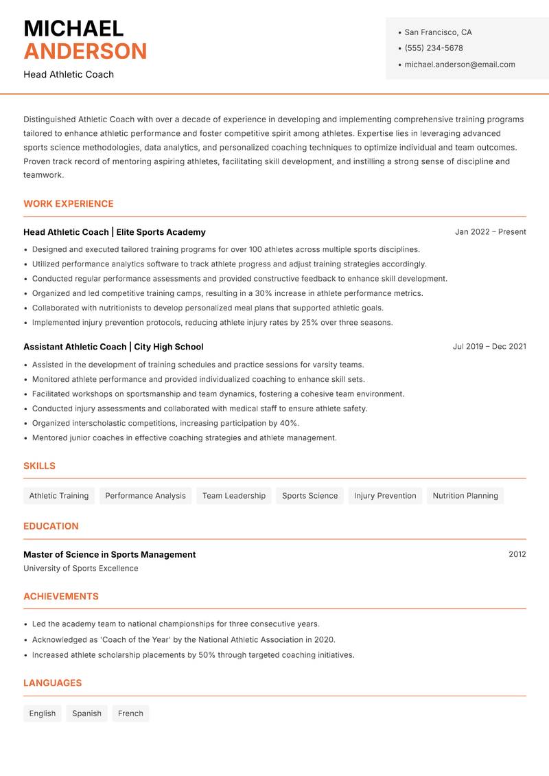 Athletic Coach resume sample — Head Athletic Coach focus