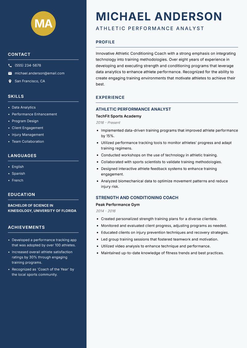Athletic Conditioning Coach resume sample — Athletic Performance Analyst focus