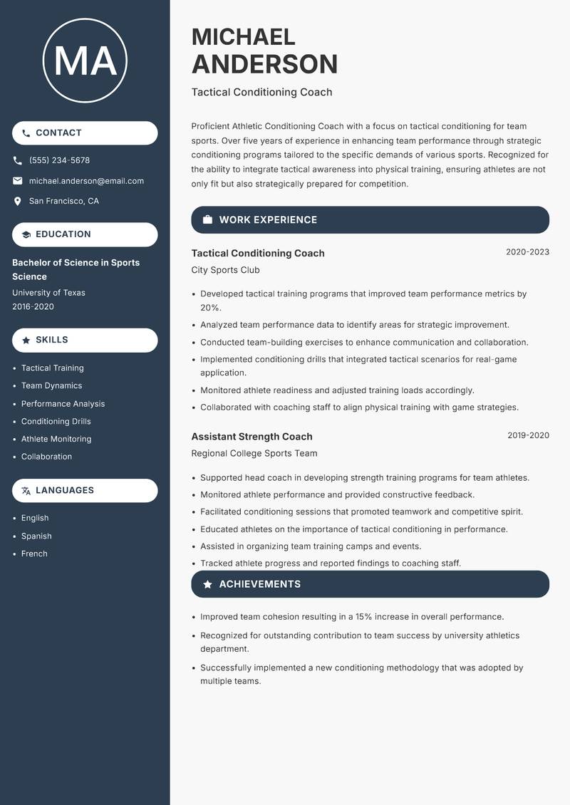 Athletic Conditioning Coach resume sample — Tactical Conditioning Coach focus