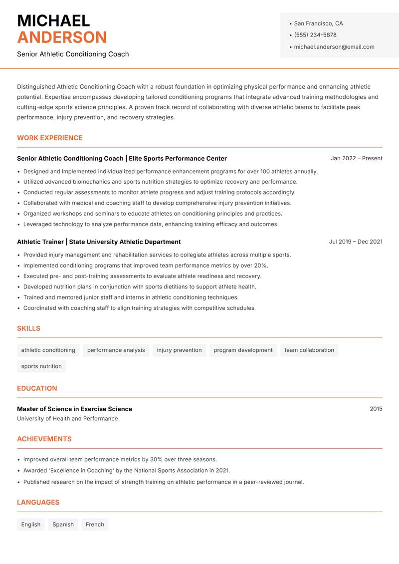 Athletic Conditioning Coach resume sample — Senior Athletic Conditioning Coach focus