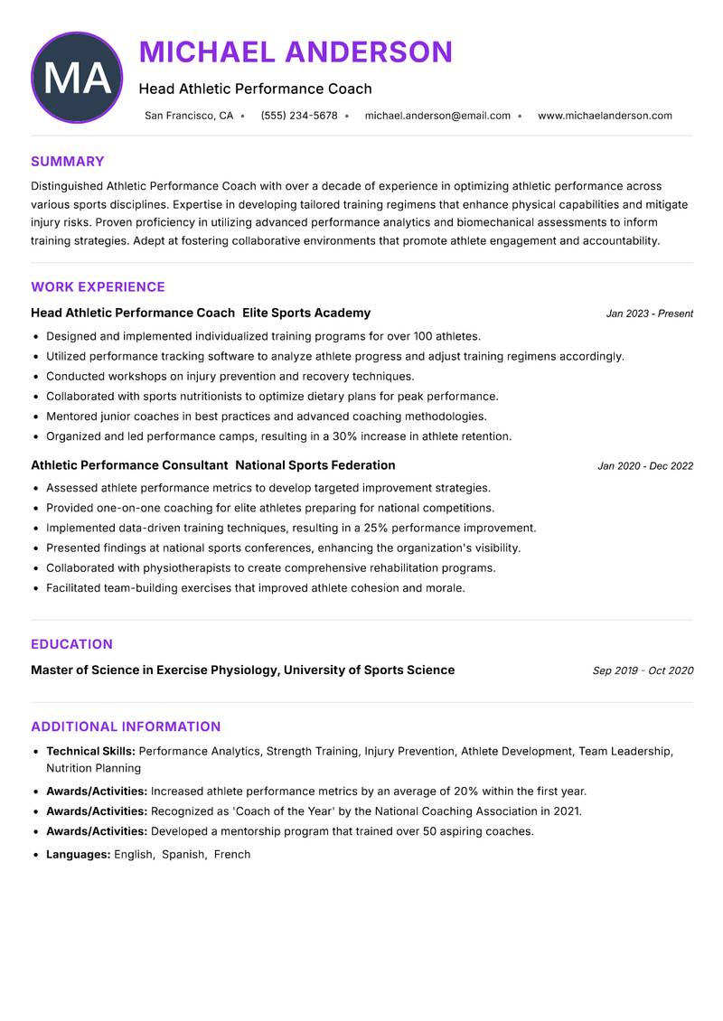 Athletic Performance Coach resume example